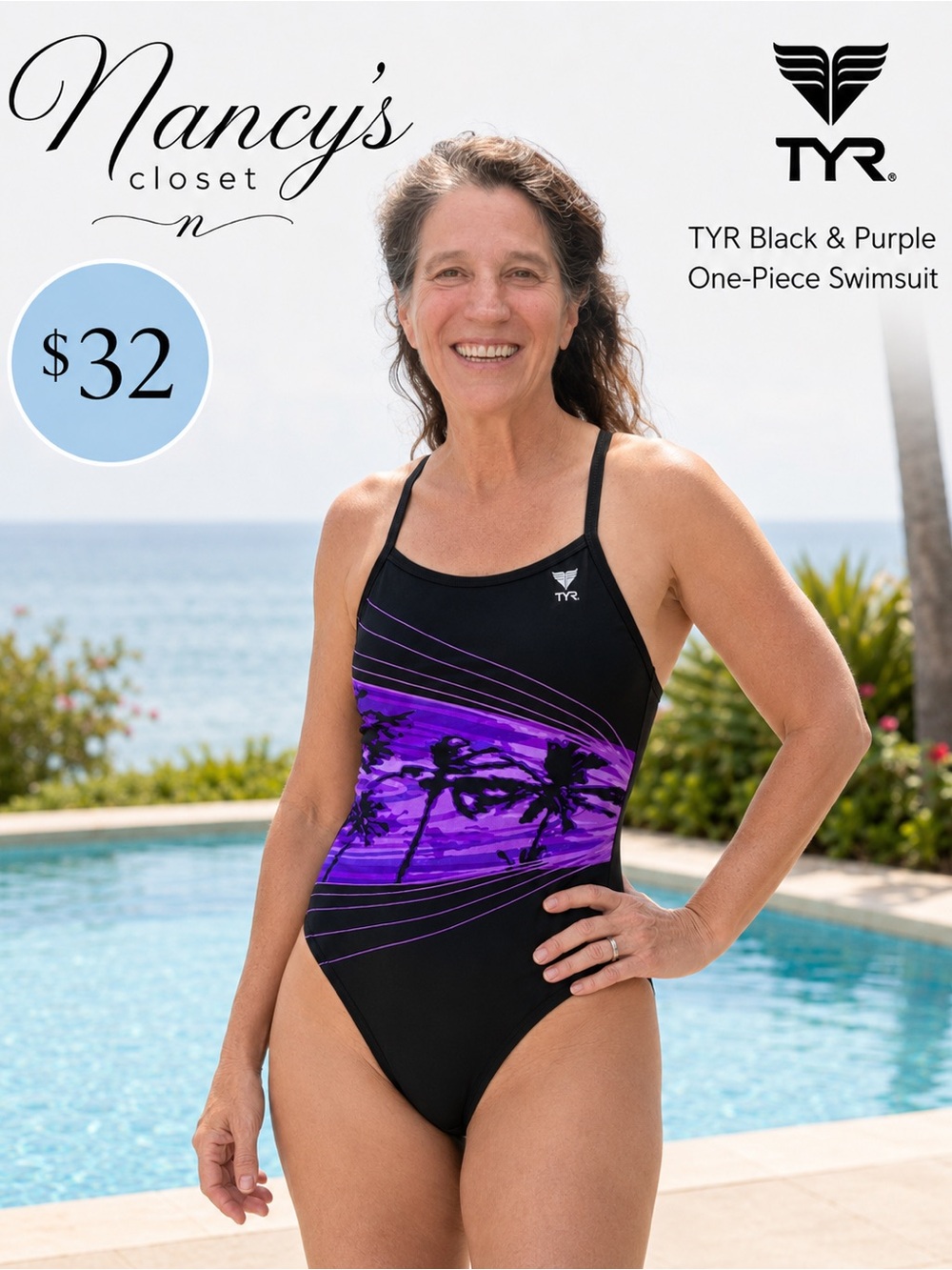 TYR Black & Purple Tropical Print One-Piece Athletic Swimsuit
